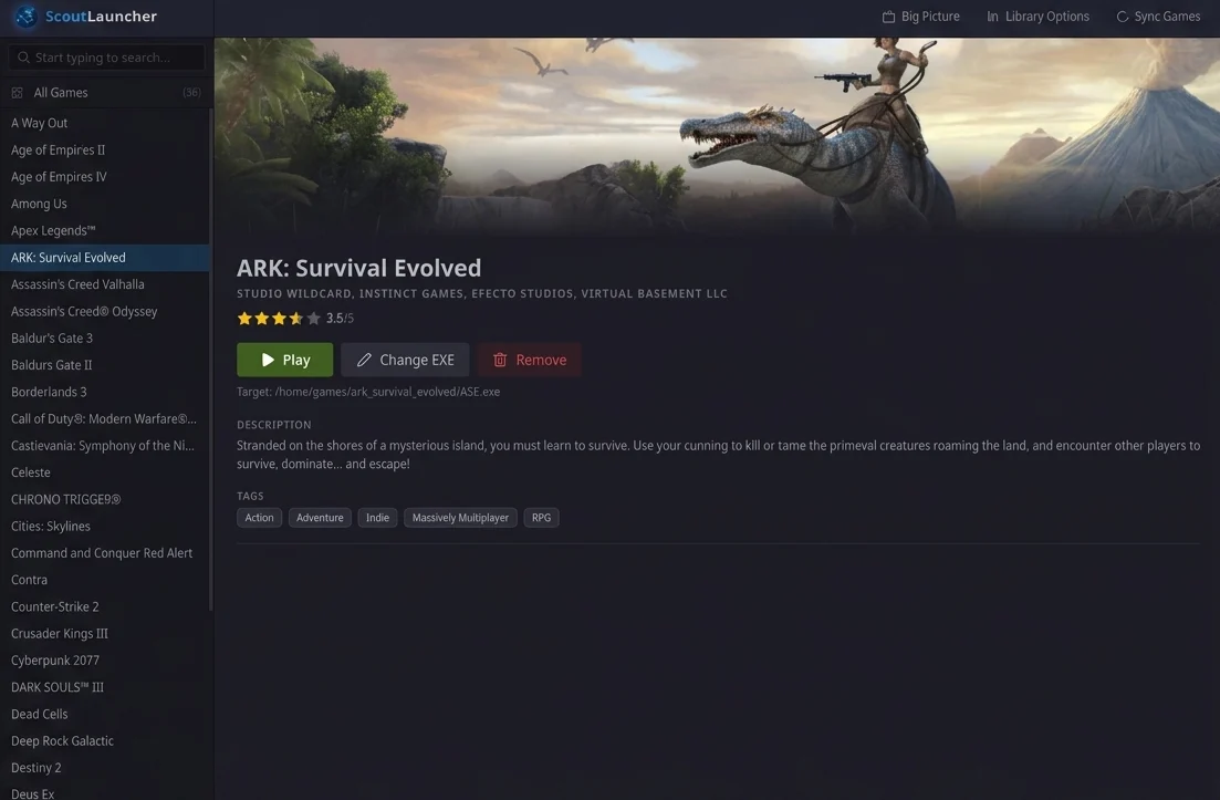 Game detail page with the Play button and metadata