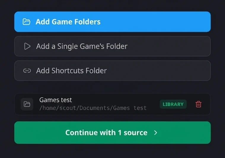ScoutLauncher setup screen with that folder added as a library source